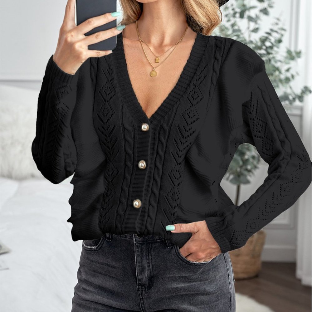 Black Ruffled Buttoned Open Front Knitted Sweater - Picture 1 of 16